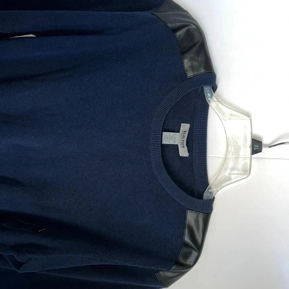 KENNETH COLE Reaction Sweater Navy w/Faux Leather Shoulders Men’s XL NWT - Picture 6 of 8